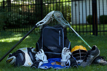 Load image into Gallery viewer, Throwback Gametime Pack XL- Multi-sport Athlete Backpack with Cooler- Includes Holders for Bats, Lacrosse & Field Hockey sticks, Tennis rackets or space for all your soccer gear + Separate Shoe Compartment