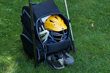 Load image into Gallery viewer, Throwback Gametime Pack XL- Multi-sport Athlete Backpack with Cooler- Includes Holders for Bats, Lacrosse &amp; Field Hockey sticks, Tennis rackets or space for all your soccer gear + Separate Shoe Compartment
